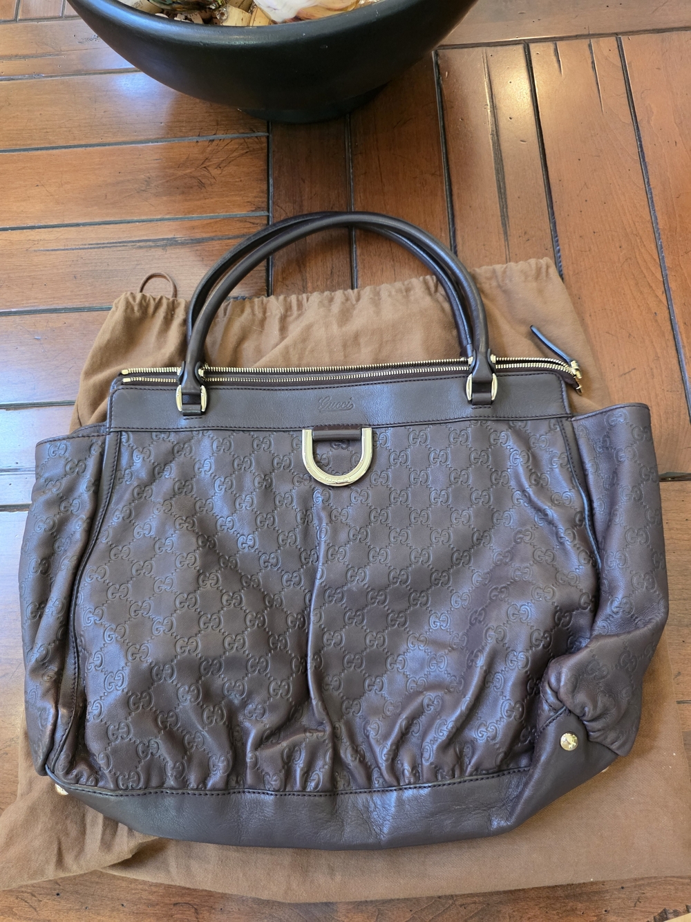 Gucci Dark Brown Embossed GG Leather Tote with Gold Hardware